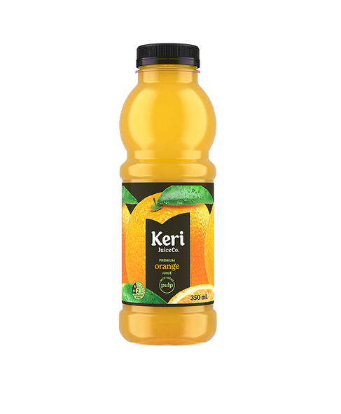 Bottle of Keri Juice Co. premium orange juice on a white background
