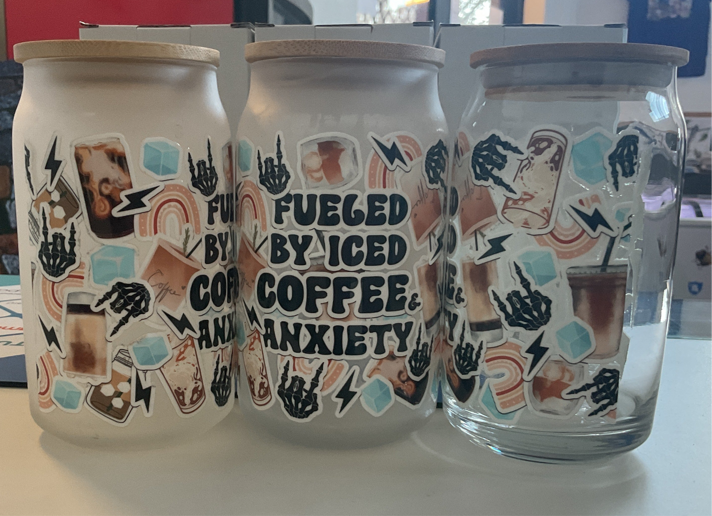 Fueled by Iced Coffee and Anxiety 16oz DTF glass tumbler with glass straw