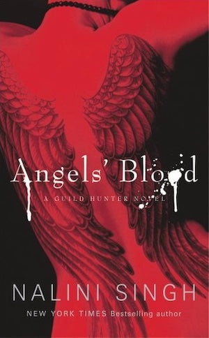 Book cover of 'Angels' Blood' by Nalini Singh with red wings and bloodstains.