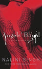 Book cover of 'Angels' Blood' by Nalini Singh with red wings and bloodstains.