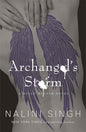 Book cover of 'Archangel's Storm' by Nalini Singh featuring purple wings on a gray background.