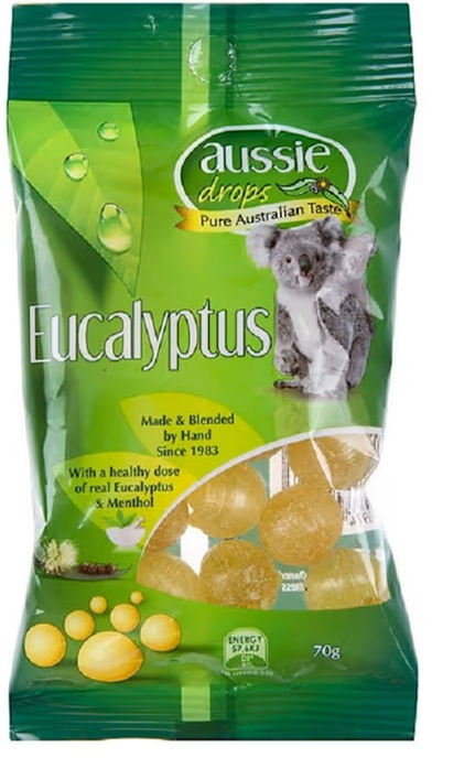 Green packaging of Aussie Drops Eucalyptus treats with a koala illustration.