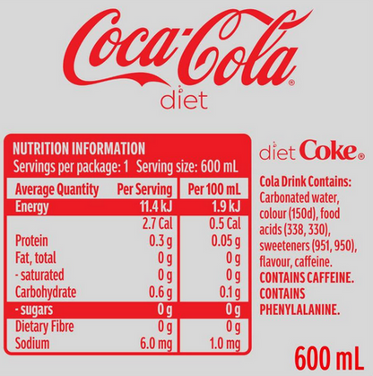 Diet Coke nutrition label with Coca-Cola logo on a gray background