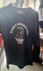 Black t-shirt with white text and graphic on a hanger