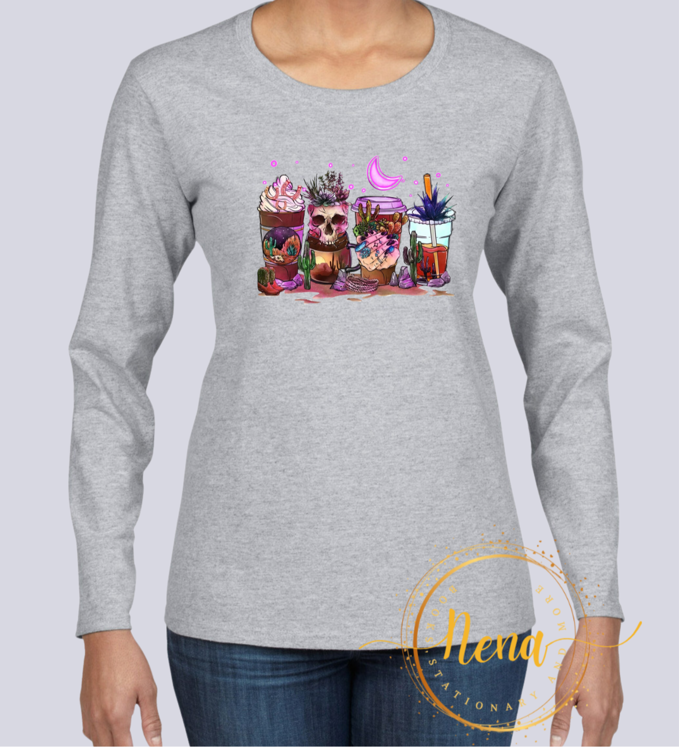 Ladies long sleeve t-shirt with DTF design of coffee cups with Skull, half moon, and hand