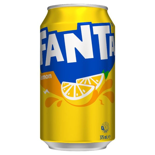 A can of Fanta Lemon sparkling soft drink with a yellow label featuring the Fanta logo and slices of lemon.