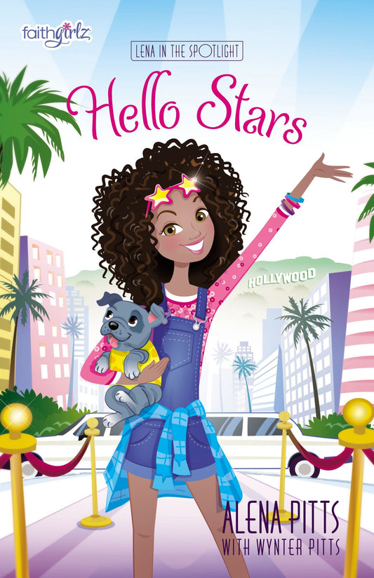 Cover of 'Hello Stars #1' featuring an illustrated young girl with curly hair, wearing a blue dress, holding a toy dog, with a cityscape background. The title and author names are also displayed.