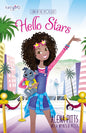 Cover of 'Hello Stars #1' featuring an illustrated young girl with curly hair, wearing a blue dress, holding a toy dog, with a cityscape background. The title and author names are also displayed.