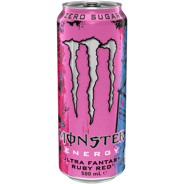 Pink Monster Energy drink can with black logo on a white background
