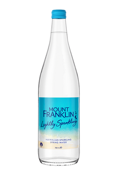 Clear bottle of Mount Franklin sparkling water with a blue label on a white background