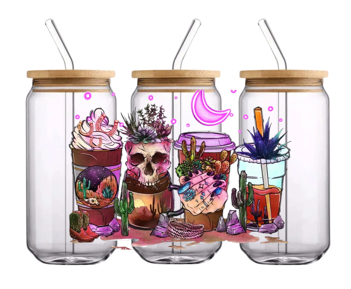 16oz glass tumbler with glass straw, skull design