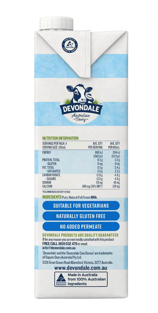 Devondale 100% Pure Full Cream Milk Long Life 1L