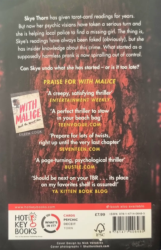 Book back cover with text and promotional information for 'With Malice' by Eileen Cook.