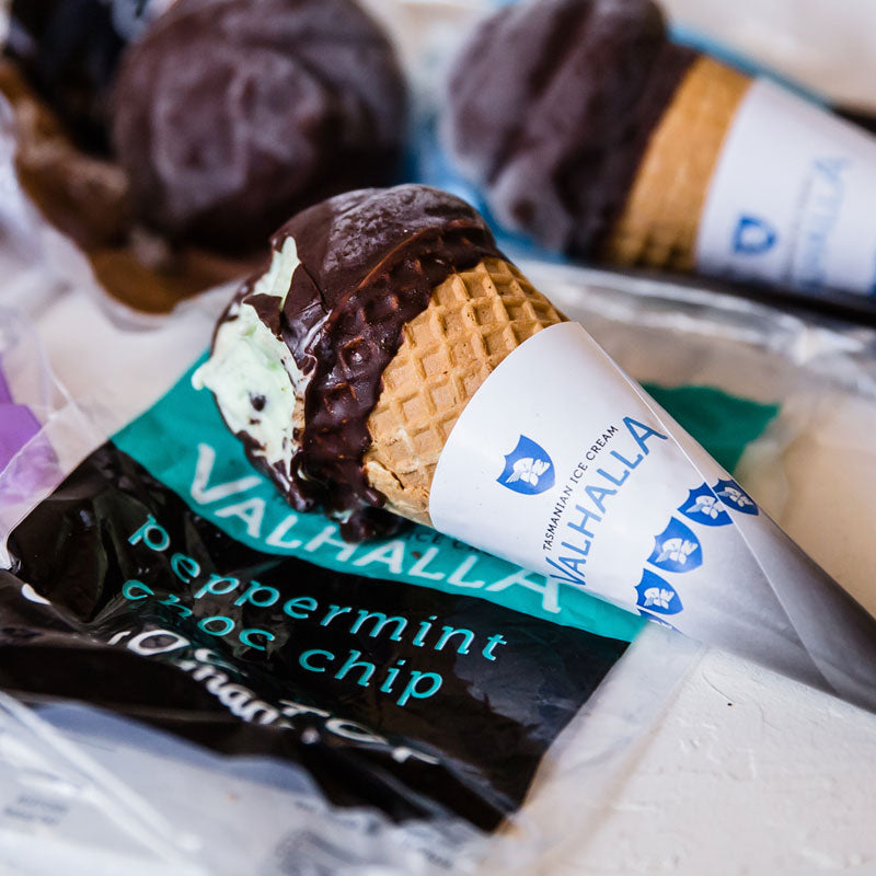 Valhalla ice cream cone with chocolate topping and visible packaging