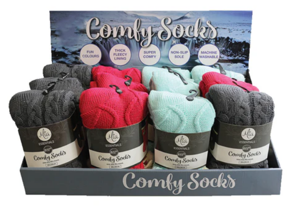 Display of 'Comfy Socks' with various colors in a packaging box.