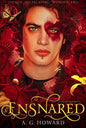 Cover of the book 'Ensnared' featuring a man with red and black coloring, resembling a character from the novel, set against a vibrant red and black background with decorative elements.